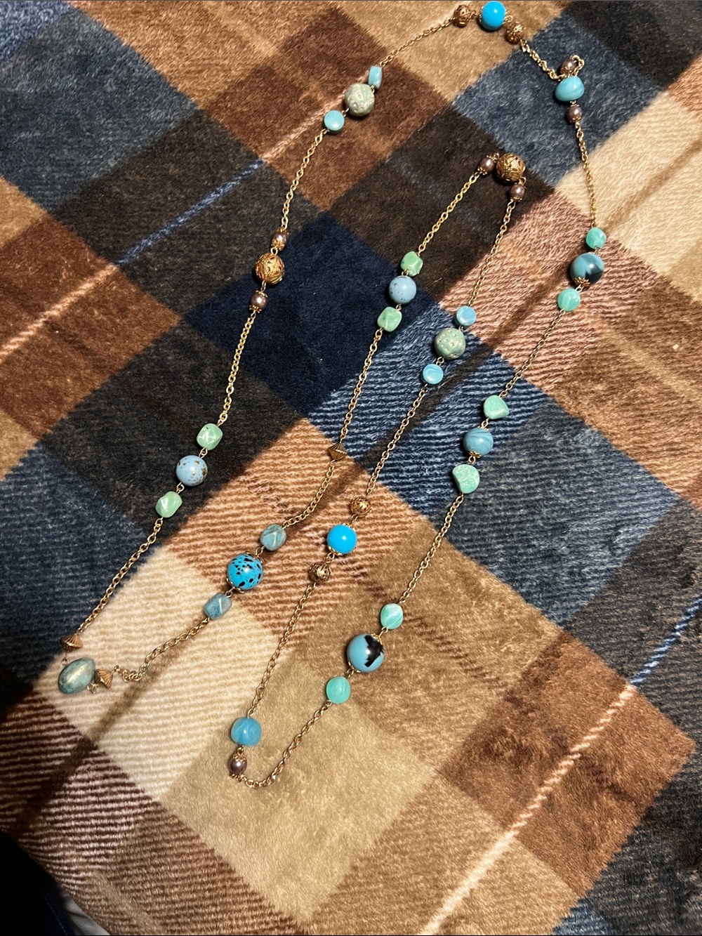 Gold-Tone Necklace with Turquoise and Aqua Beads